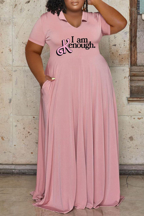 Pink Casual Letter Print Patchwork V Neck Short Sleeve Dress Plus Size Dresses