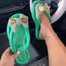Green Casual Living Patchwork With Bow Round Comfortable Shoes