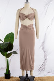 Coffee Sexy Solid Hollowed Out Backless Spaghetti Strap Sleeveless Dress Dresses