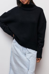Black Casual Solid Basic Turtleneck Tops