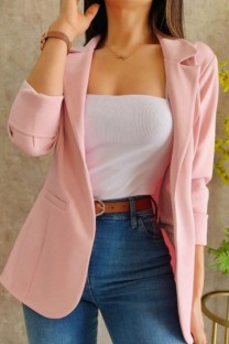 Pink Casual Solid Cardigan Turn-back Collar Outerwear