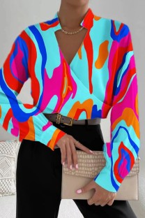 Rose Red Casual Print Patchwork V Neck Tops