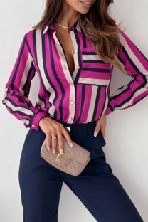 Rose Red Casual Print Patchwork Shirt Collar Tops