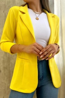 Yellow Casual Solid Cardigan Turn-back Collar Outerwear