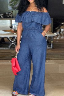 Deep Blue Casual Patchwork Off the Shoulder Plus Size Jumpsuits