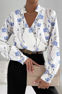White Blue Casual Print Patchwork V Neck Tops