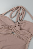 Coffee Sexy Solid Hollowed Out Backless Spaghetti Strap Sleeveless Dress Dresses