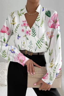 White Pink Casual Print Patchwork V Neck Tops