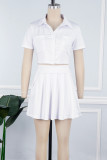 Black Sexy Solid Patchwork Buckle Fold Turndown Collar Short Sleeve Two Pieces(Not Contain A Chatelaine)