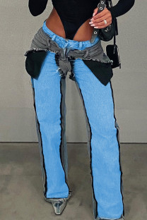 Sky Blue College Solid Make Old Patchwork Pocket Zipper Mid Waist Straight Denim Jeans