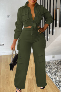 Green Street Solid Bandage Patchwork Pocket Buckle Shirt Collar Long Sleeve Two Pieces