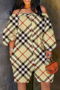 Light Yellow Casual Print Patchwork Off the Shoulder Regular Romper