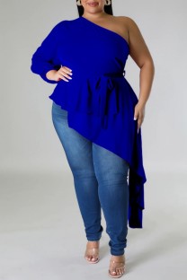 Blue Casual Solid Backless Oblique Collar Plus Size Tops