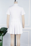 Black Sexy Solid Patchwork Buckle Fold Turndown Collar Short Sleeve Two Pieces(Not Contain A Chatelaine)