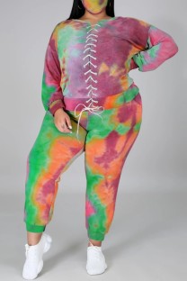 Green Casual Print Frenulum Tie-dye O Neck Plus Size Two Pieces