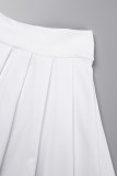 White Sexy Solid Patchwork Buckle Fold Turndown Collar Short Sleeve Two Pieces(Not Contain A Chatelaine)