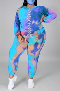 Royal Blue Casual Print Frenulum Tie-dye O Neck Plus Size Two Pieces