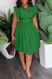 Green Casual Print Letter Turndown Collar Pleated Dresses