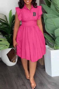 Rose Red Casual Print Letter Turndown Collar Pleated Dresses
