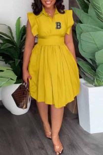Yellow Casual Print Letter Turndown Collar Pleated Dresses