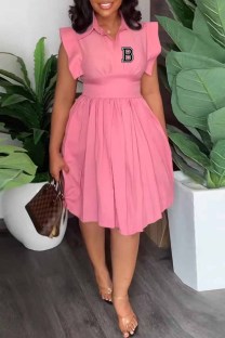 Pink Casual Print Letter Turndown Collar Pleated Dresses