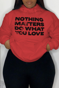 Red Street Daily Print Draw String Letter Hooded Collar Tops