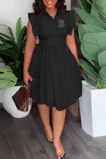 Black Casual Print Letter Turndown Collar Pleated Dresses