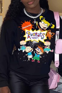 Black Casual Character Print Letter O Neck Tops