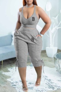 Grey Sexy Print Letter V Neck Sleeveless Two Pieces