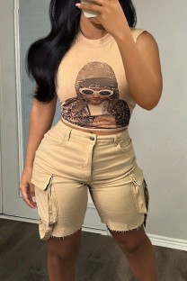 Skin Color Casual Print Patchwork O Neck Sleeveless Two Pieces