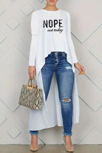 White Casual Print Asymmetrical O Neck Tops