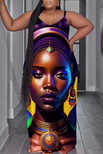 Colour Sexy Casual Print Backless Spaghetti Strap Long Dress Plus Size Dresses