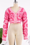 Pink Casual Sweet Color Block Patchwork Buckle V Neck Tops