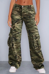 Army Green Casual Camouflage Print Patchwork Mid Waist Denim Jeans