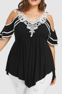 Black Casual Patchwork Backless Contrast V Neck Plus Size Tops