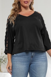 Black Casual Solid Hollowed Out V Neck Plus Size Tops