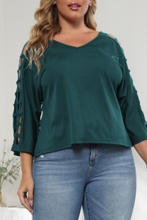 Ink Green Casual Solid Hollowed Out V Neck Plus Size Tops