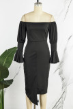 Black Casual Solid Backless Asymmetrical Off the Shoulder Long Sleeve Dresses