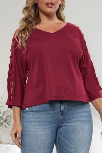 Purplish Red Casual Solid Hollowed Out V Neck Plus Size Tops