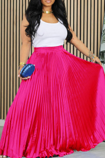 Rose Red Elegant Solid Patchwork Pleated Loose Mid Waist Solid Color Bottoms