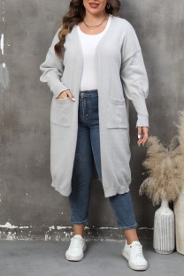 Grey Casual Solid Cardigan Plus Size Overcoat