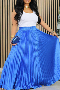 Blue Elegant Solid Patchwork Pleated Loose Mid Waist Solid Color Bottoms