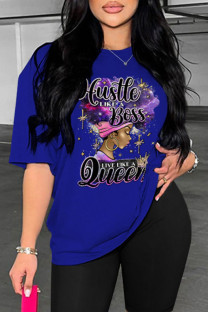 Blue Casual Print Basic O Neck T-Shirts