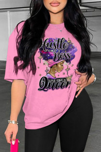 Pink Casual Print Basic O Neck T-Shirts