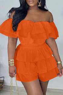 Orange Casual Solid Patchwork Backless Off the Shoulder Regular Romper