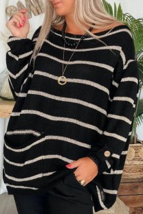 Black Casual Striped Contrast O Neck Tops