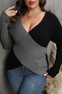 Grey Casual Patchwork Contrast V Neck Plus Size Tops