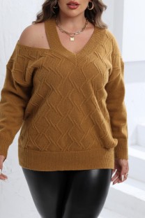 Camel Casual Solid Hollowed Out V Neck Plus Size Tops