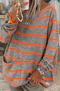 Orange Casual Striped Contrast O Neck Tops