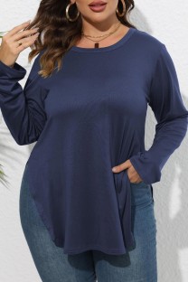 Tibetan Blue Casual Solid Slit O Neck Plus Size Tops